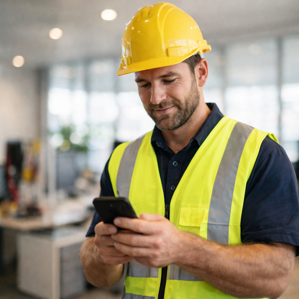 Happy tradie checking phone for new leads